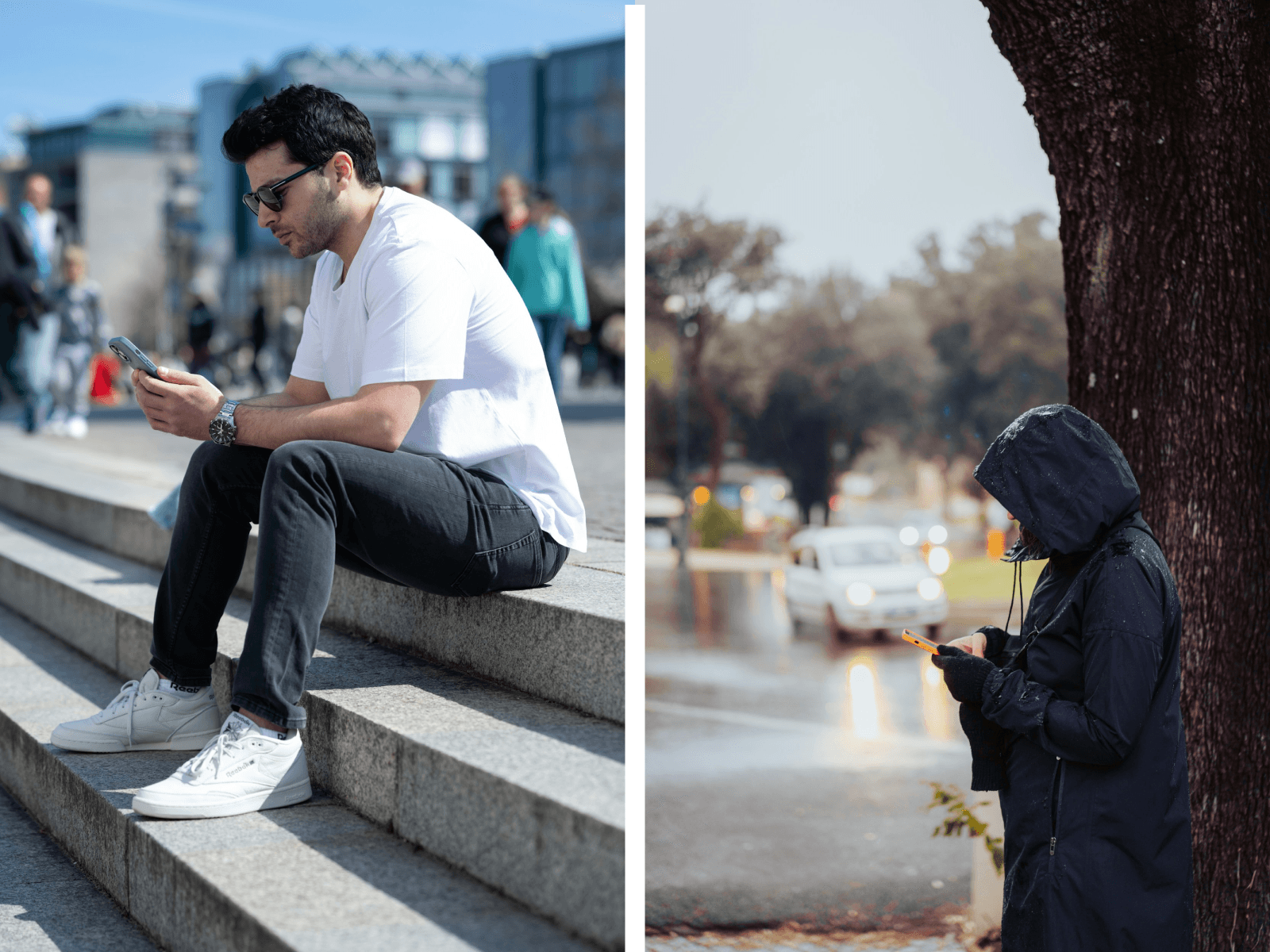 images of people trying to use their phones in the sun and rain