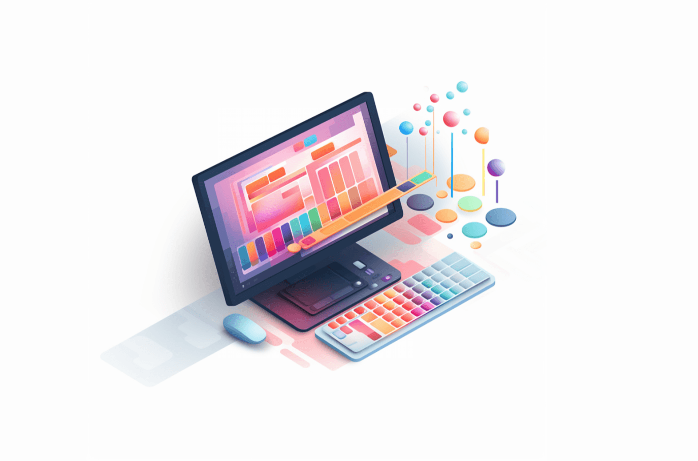 An AI generated illustration of a computer with small graphic elements on screen, representing design systems and UI design